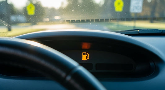 lose-up view of a car dashboard in morning light with the orange fuel warning light glowing, steering wheel in foreground, and blurred school zone visible outside