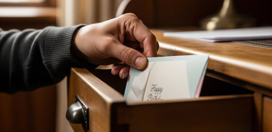 A birthday card forgotten in a drawer