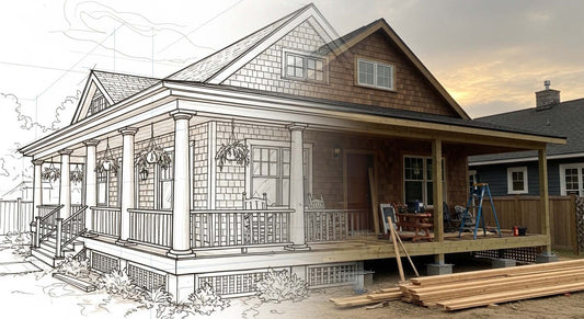 Split image showing a hand-drawn sketch of a wraparound porch blending into a real cedar bungalow with an unfinished porch, symbolizing vision becoming reality