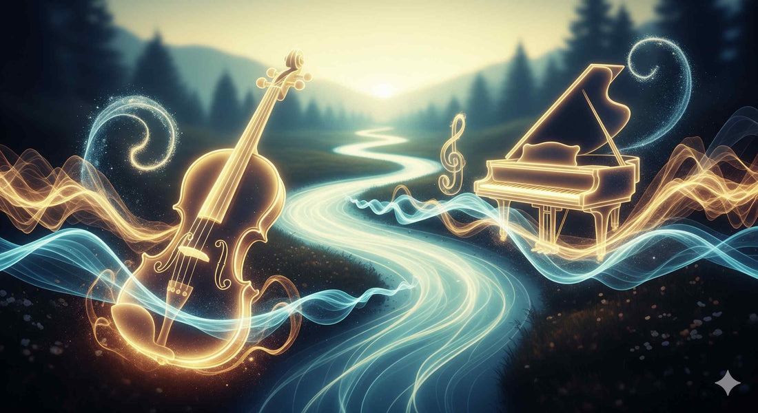 a serene, calming soundscape visualized as a gentle, flowing river of light, with classical instruments like a violin and piano composed seamlessly within the flow
