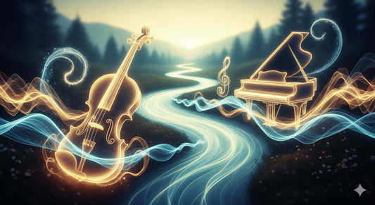 a serene, calming soundscape visualized as a gentle, flowing river of light, with classical instruments like a violin and piano composed seamlessly within the flow