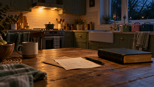 A quiet kitchen at night lit by one stove light, with a handwritten list and a Bible on the table.