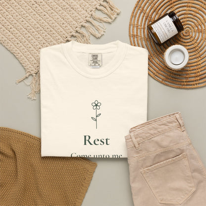 Rest — Matthew 11:28 Scripture Tee - Abide and Reflect