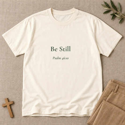 Be Still Scripture tee in Ivory — styled flat lay