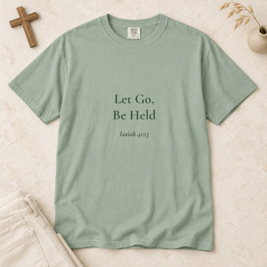 Let Go, Be Held Scripture tee in Bay — styled flat lay