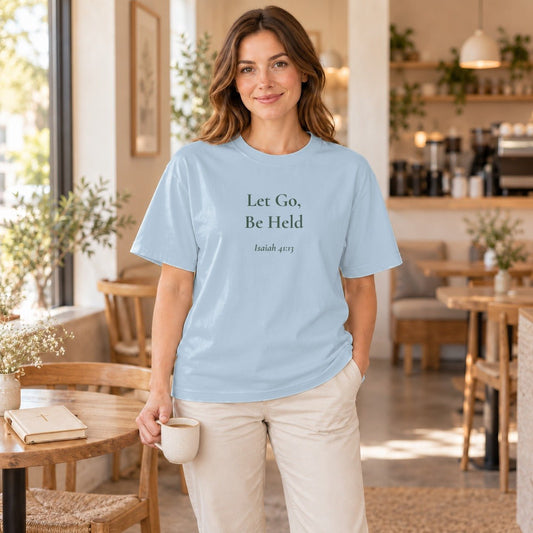 Let Go, Be Held Scripture tee in Chambray — worn