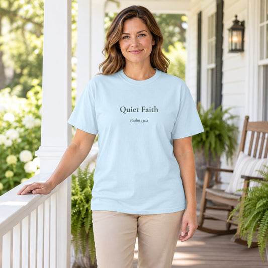 Quiet Faith Scripture tee in Chambray — worn