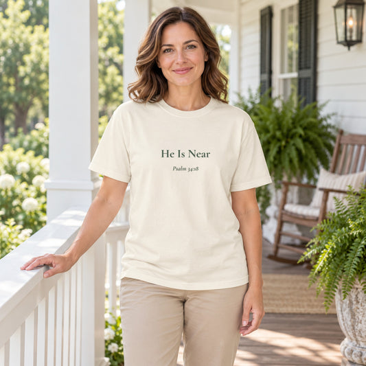 He Is Near Scripture tee in Ivory — worn