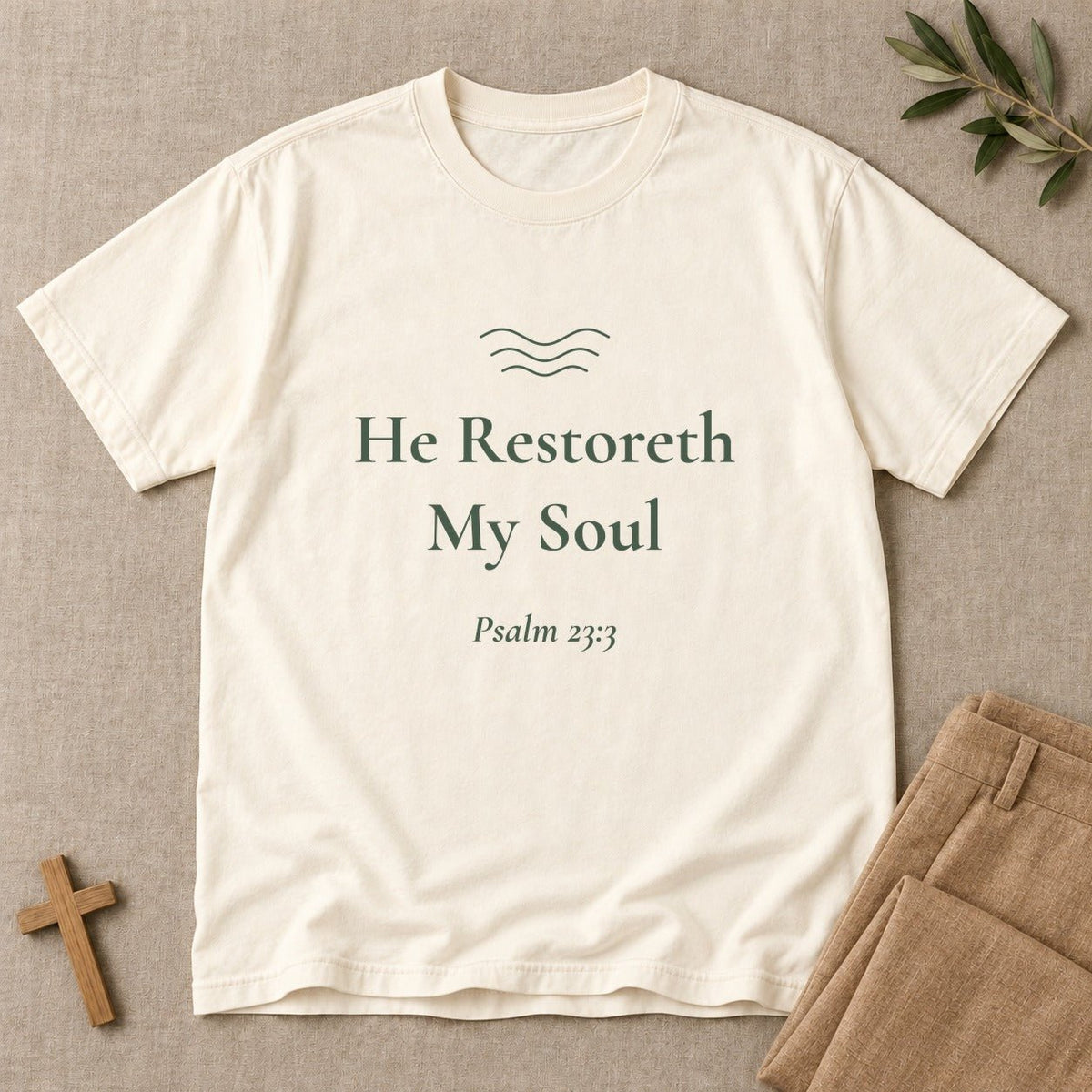 He Restoreth My Soul — Psalm 23:3 Scripture Tee - Abide and Reflect
