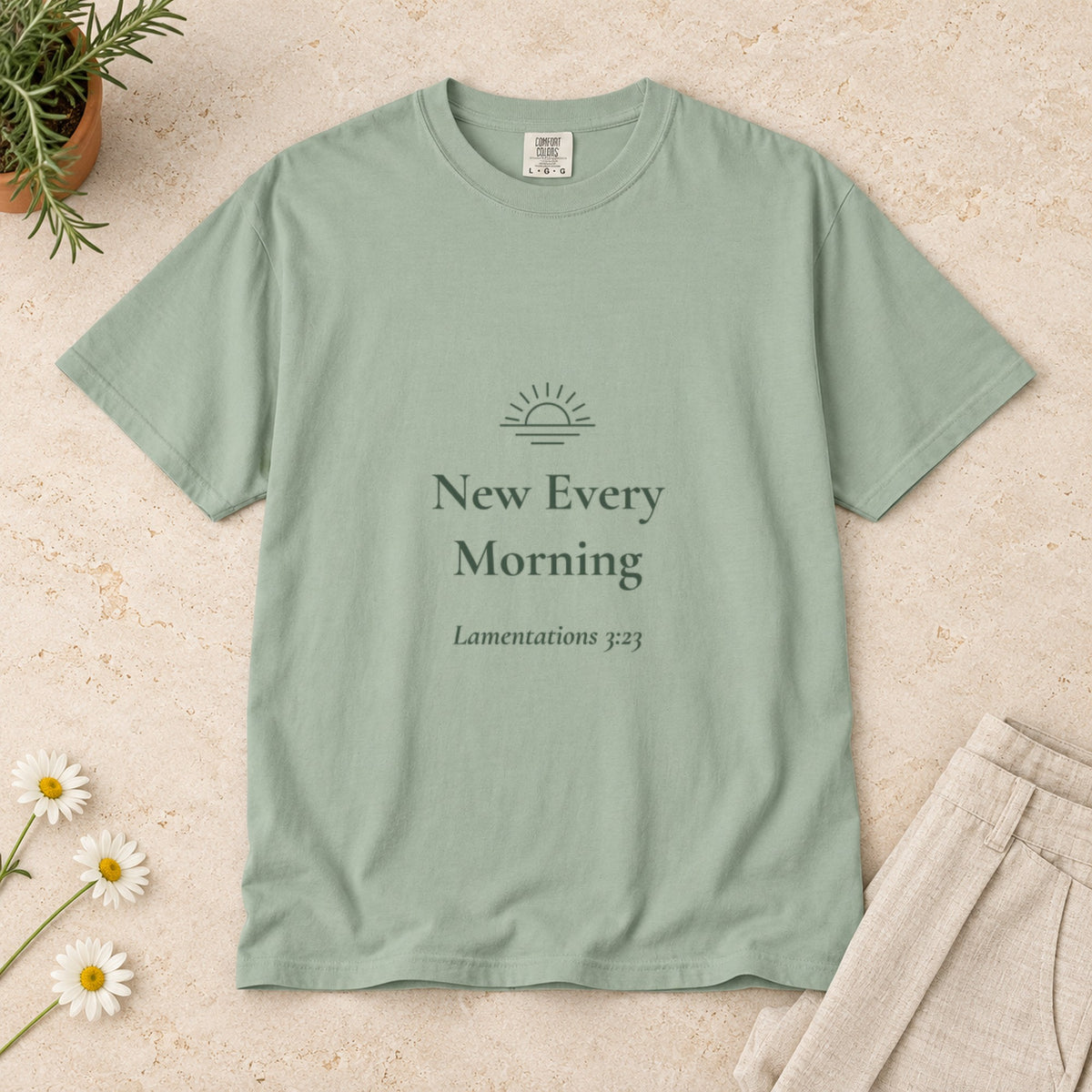 New Every Morning Scripture tee in Bay — flat lay