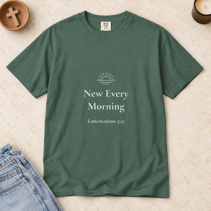 New Every Morning Scripture tee in Blue Spruce — styled flat lay