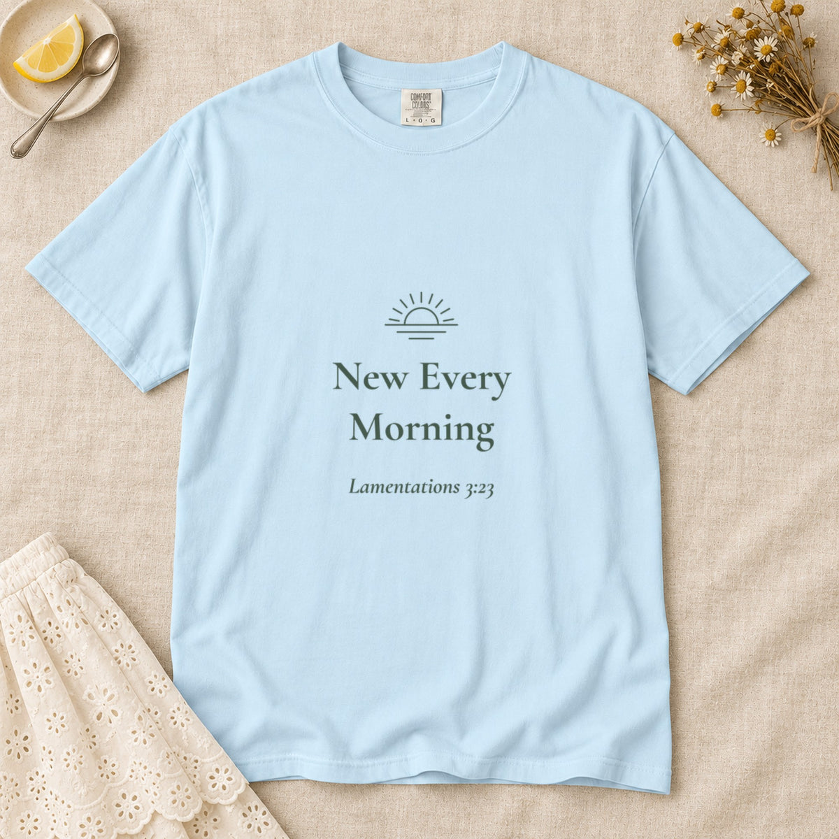 New Every Morning Scripture tee in Chambray — flat lay