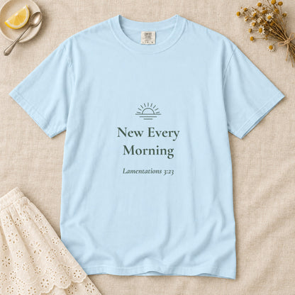 New Every Morning Scripture tee in Chambray — flat lay