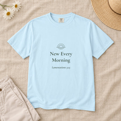 New Every Morning Scripture tee in Chambray — styled flat lay