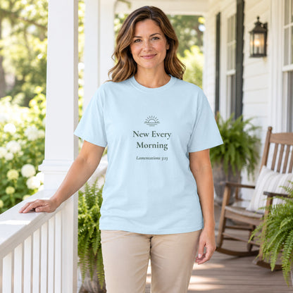 New Every Morning Scripture tee in Chambray — worn