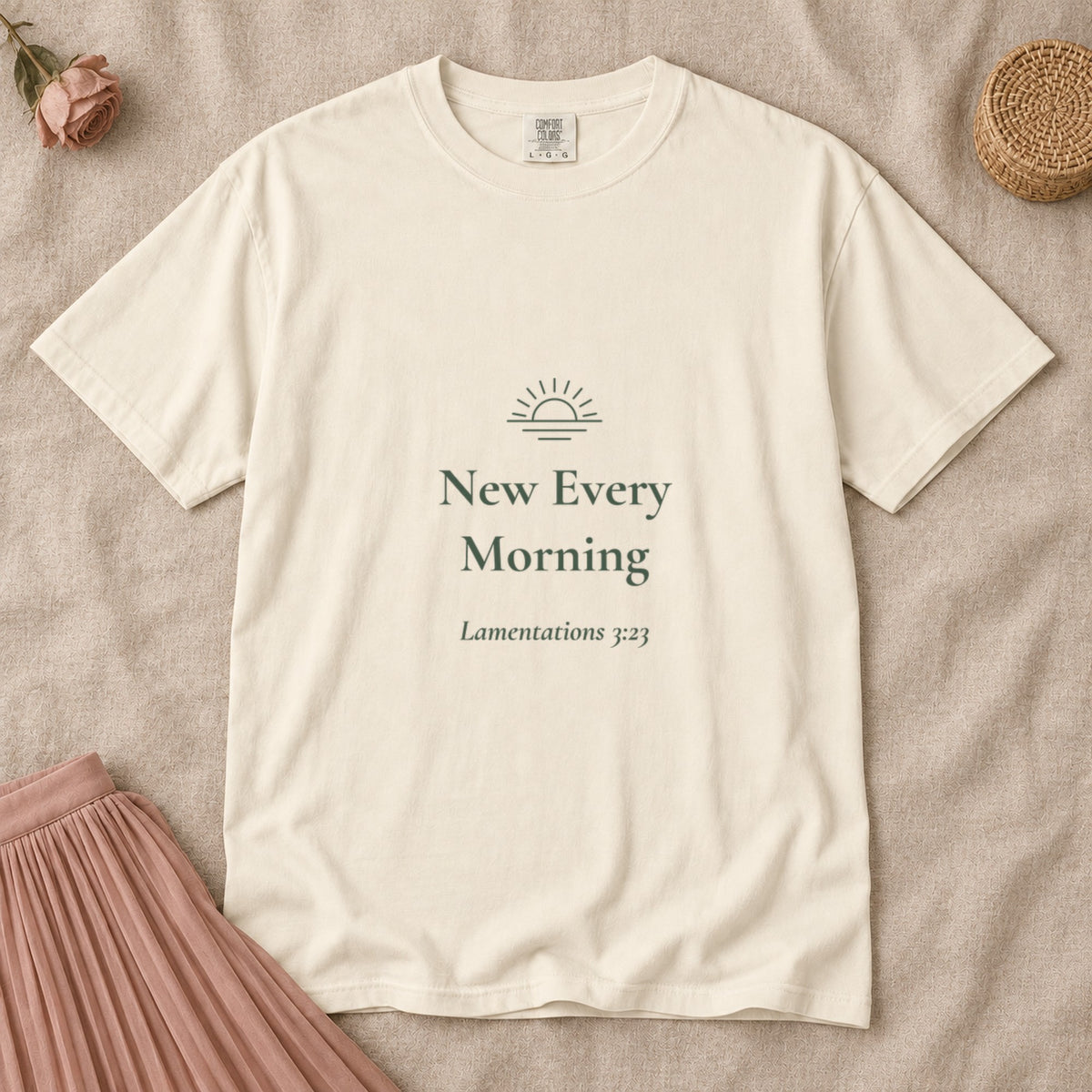 New Every Morning Scripture tee in Ivory — flat lay