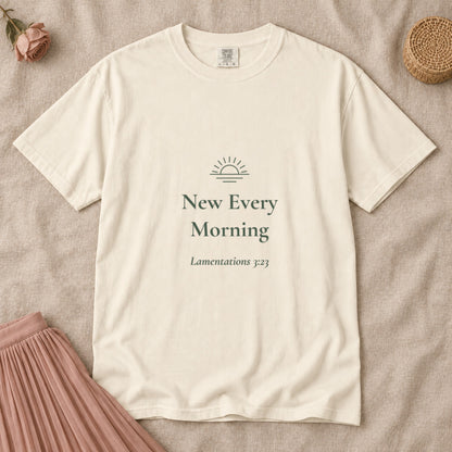 New Every Morning Scripture tee in Ivory — flat lay