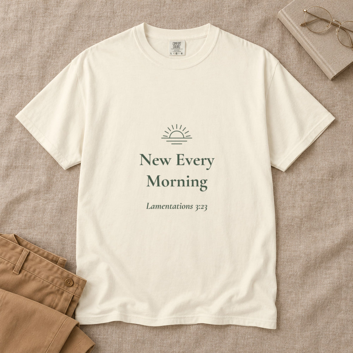 New Every Morning Scripture tee in Ivory — styled flat lay