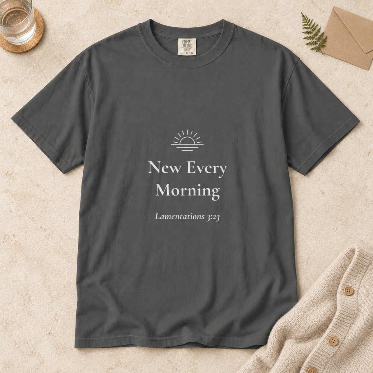 New Every Morning Scripture tee in Pepper — flat lay