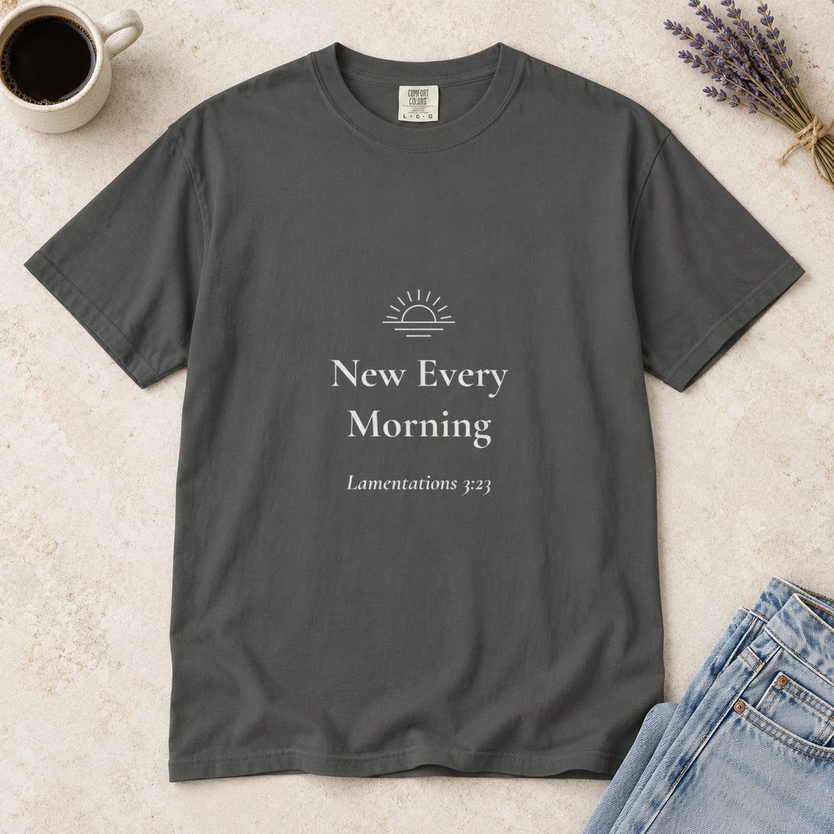 New Every Morning Scripture tee in Pepper — styled flat lay