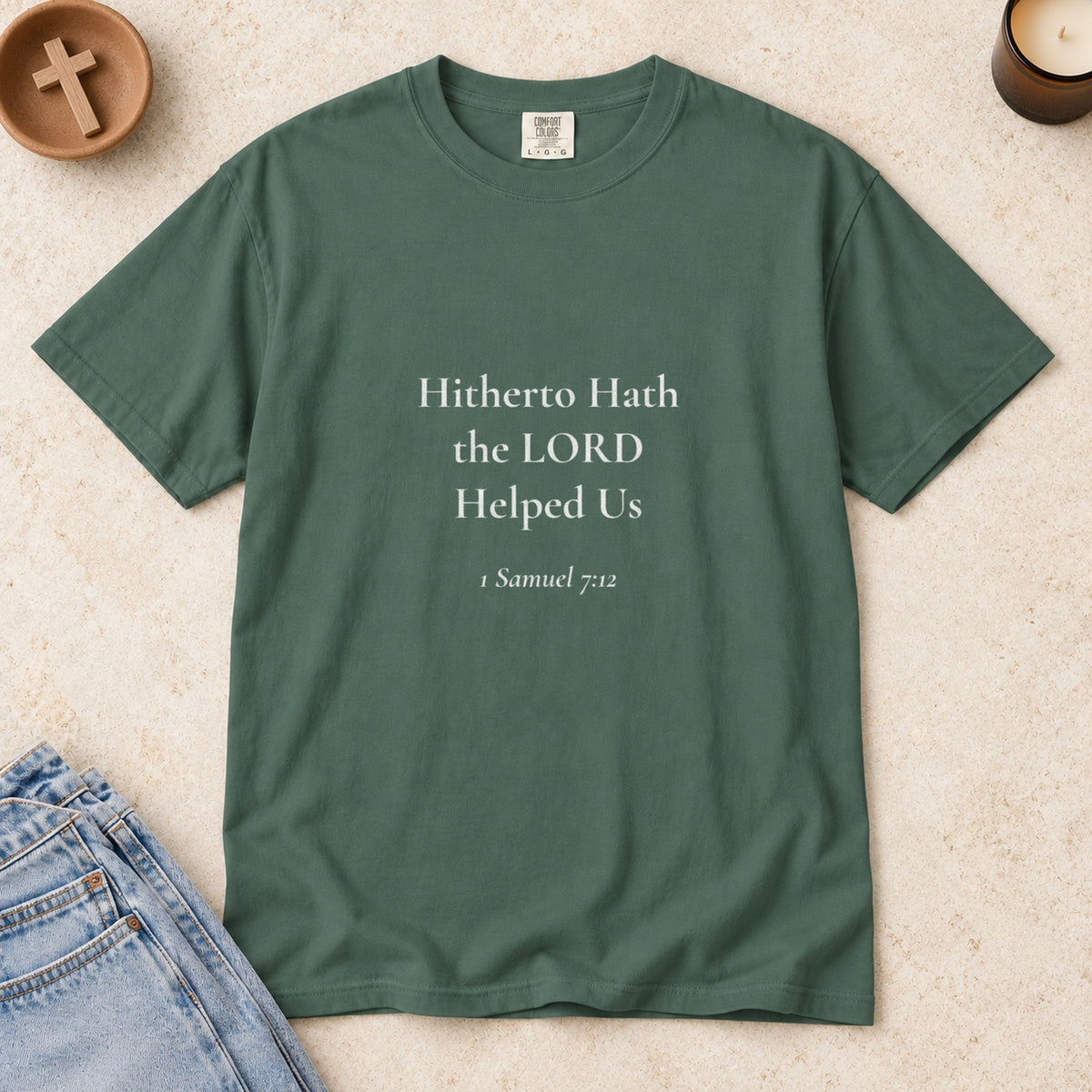 Hitherto Hath the LORD Helped Us Scripture tee in Blue Spruce — styled flat lay