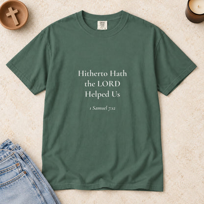 Hitherto Hath the LORD Helped Us Scripture tee in Blue Spruce — styled flat lay