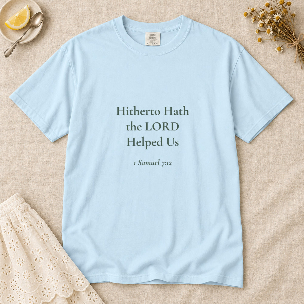 Hitherto Hath the LORD Helped Us Scripture tee in Chambray — flat lay