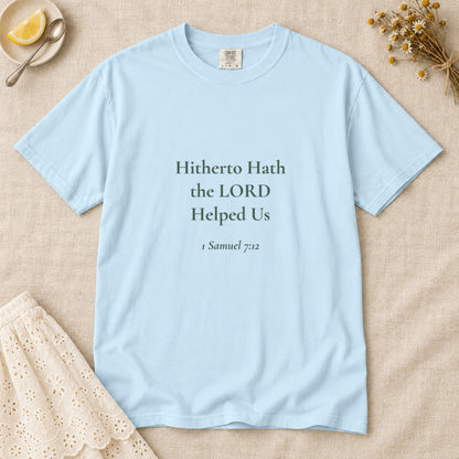 Hitherto Hath the LORD Helped Us Scripture tee in Chambray — flat lay