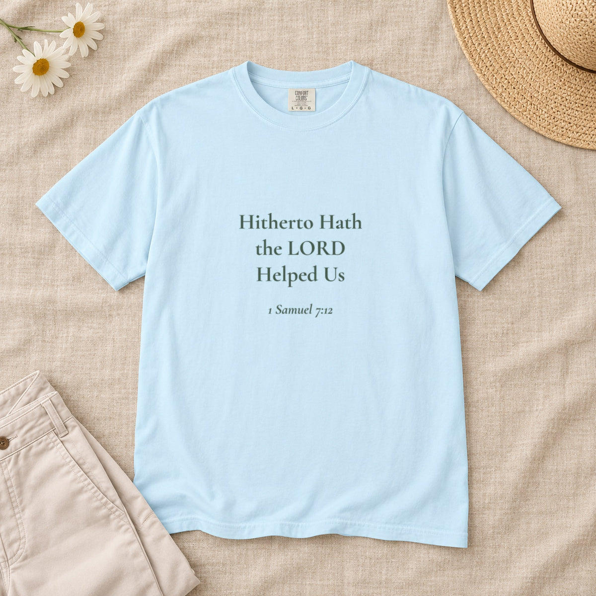 Hitherto Hath the LORD Helped Us Scripture tee in Chambray — styled flat lay