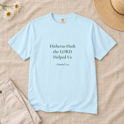 Hitherto Hath the LORD Helped Us Scripture tee in Chambray — styled flat lay