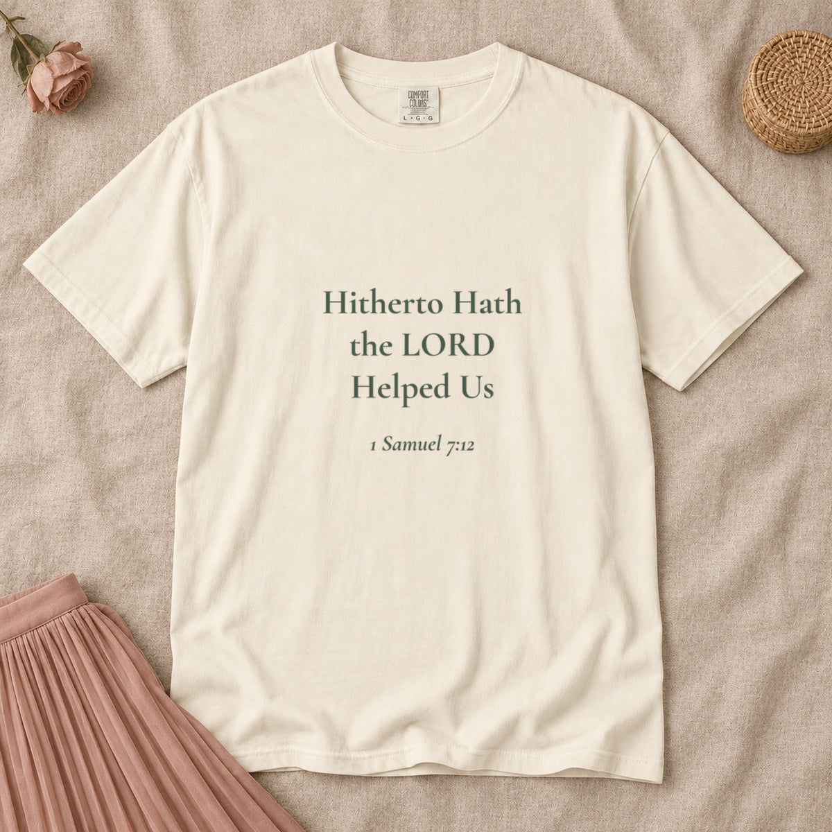 Hitherto Hath the LORD Helped Us Scripture tee in Ivory — flat lay
