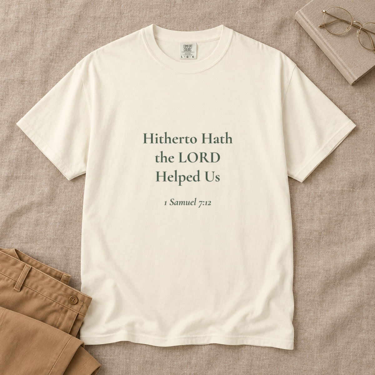 Hitherto Hath the LORD Helped Us Scripture tee in Ivory — styled flat lay