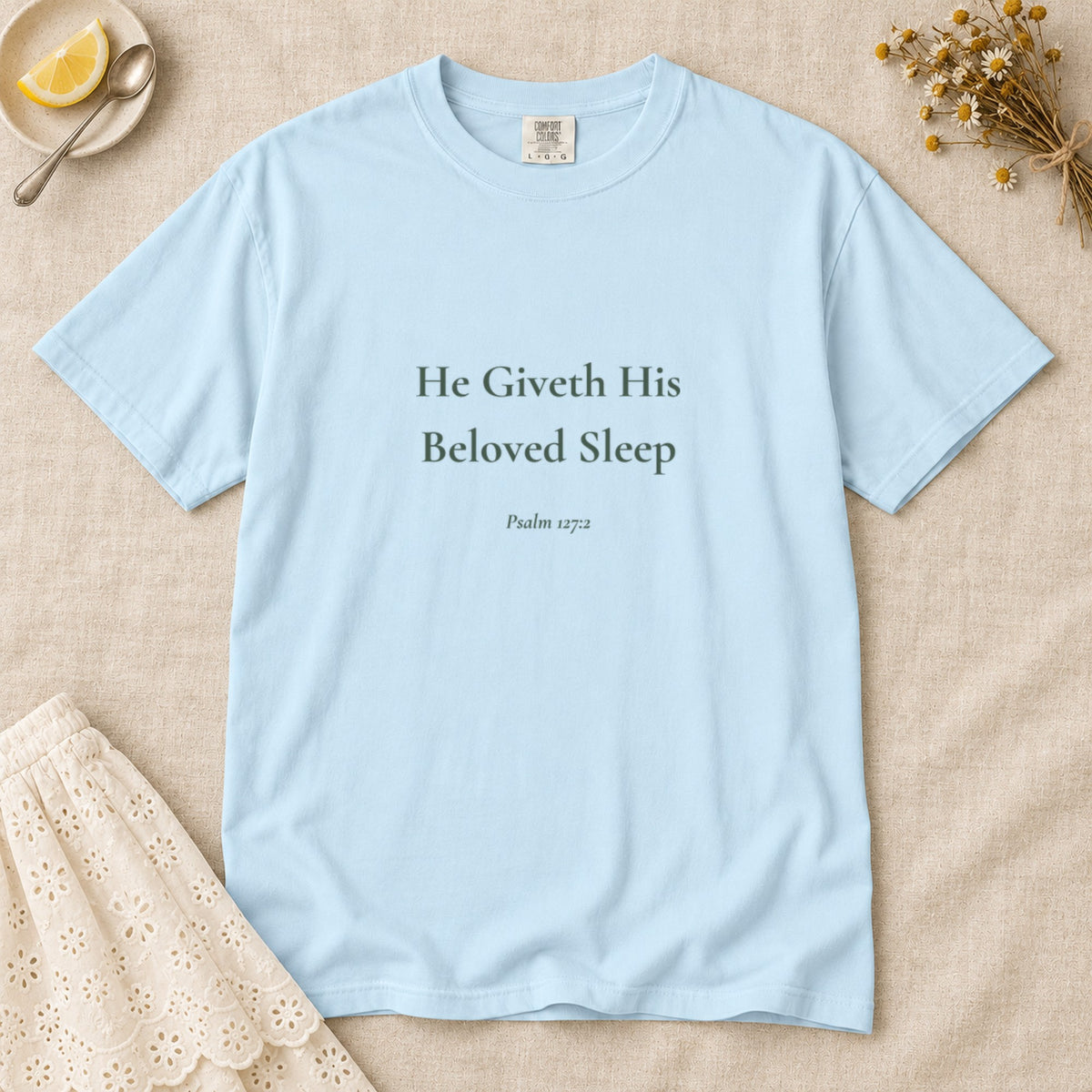 He Giveth His Beloved Sleep Scripture tee in Chambray — flat lay