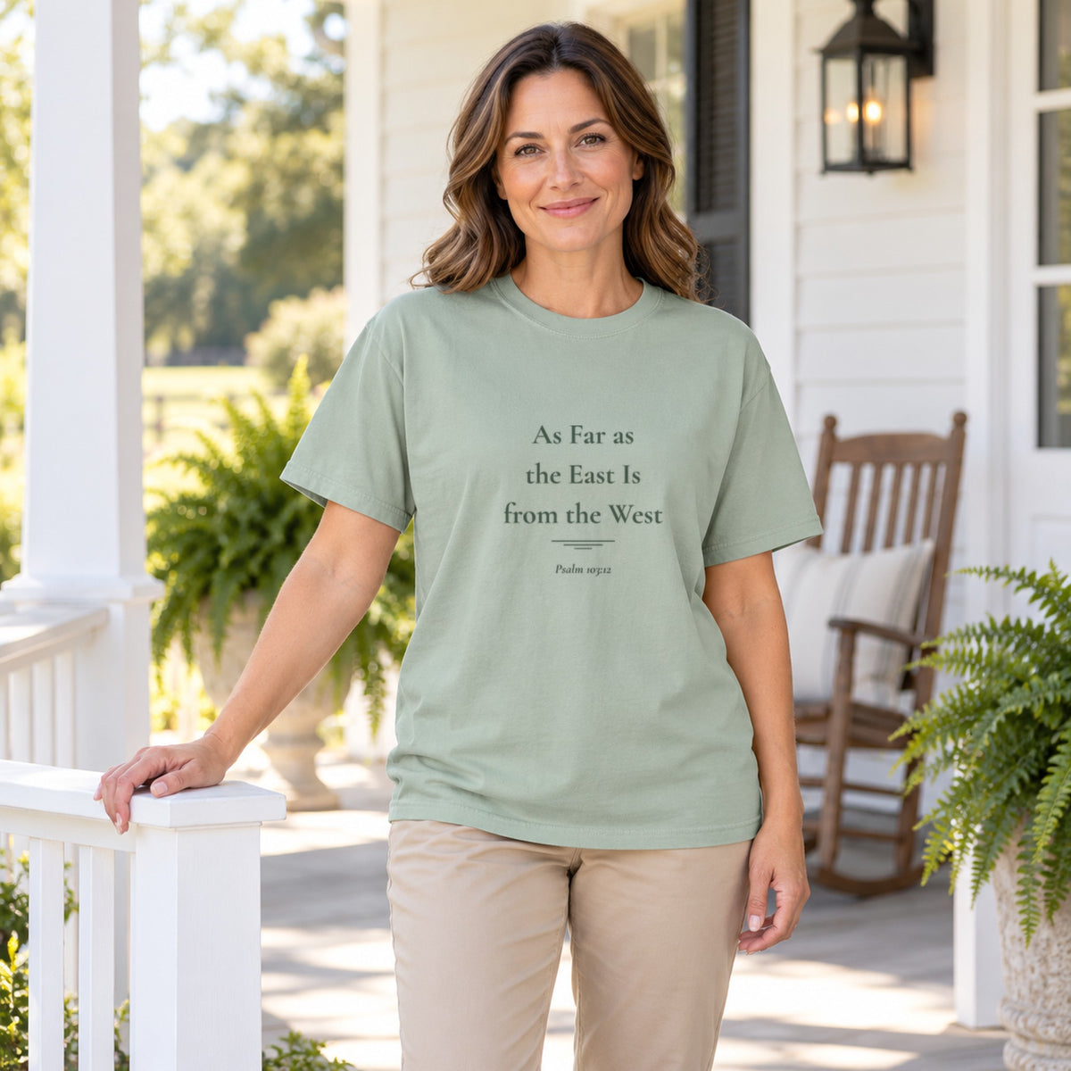 As Far as the East Is from the West Scripture tee in Bay — worn