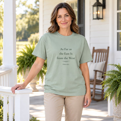 As Far as the East Is from the West Scripture tee in Bay — worn