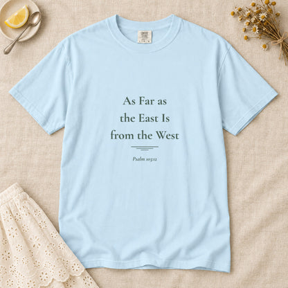 As Far as the East Is from the West Scripture tee in Chambray — flat lay