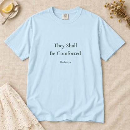 They Shall Be Comforted Scripture tee in Chambray — flat lay