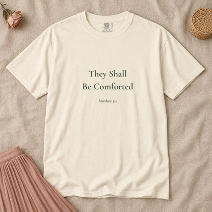 They Shall Be Comforted Scripture tee in Ivory — flat lay