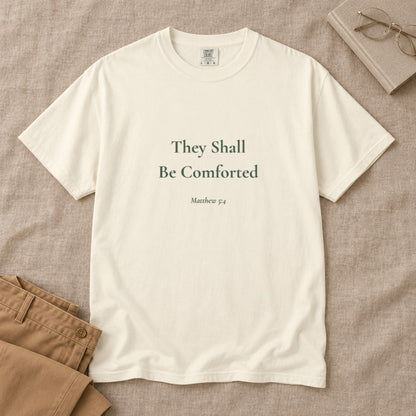 They Shall Be Comforted Scripture tee in Ivory — styled flat lay