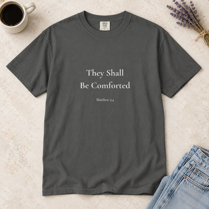 They Shall Be Comforted Scripture tee in Pepper — styled flat lay
