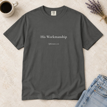 His Workmanship Scripture tee in Pepper — styled flat lay