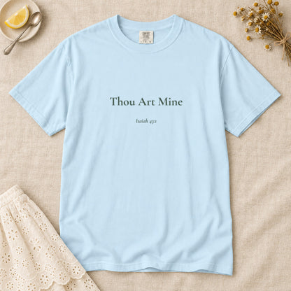 Thou Art Mine Scripture tee in Chambray — flat lay