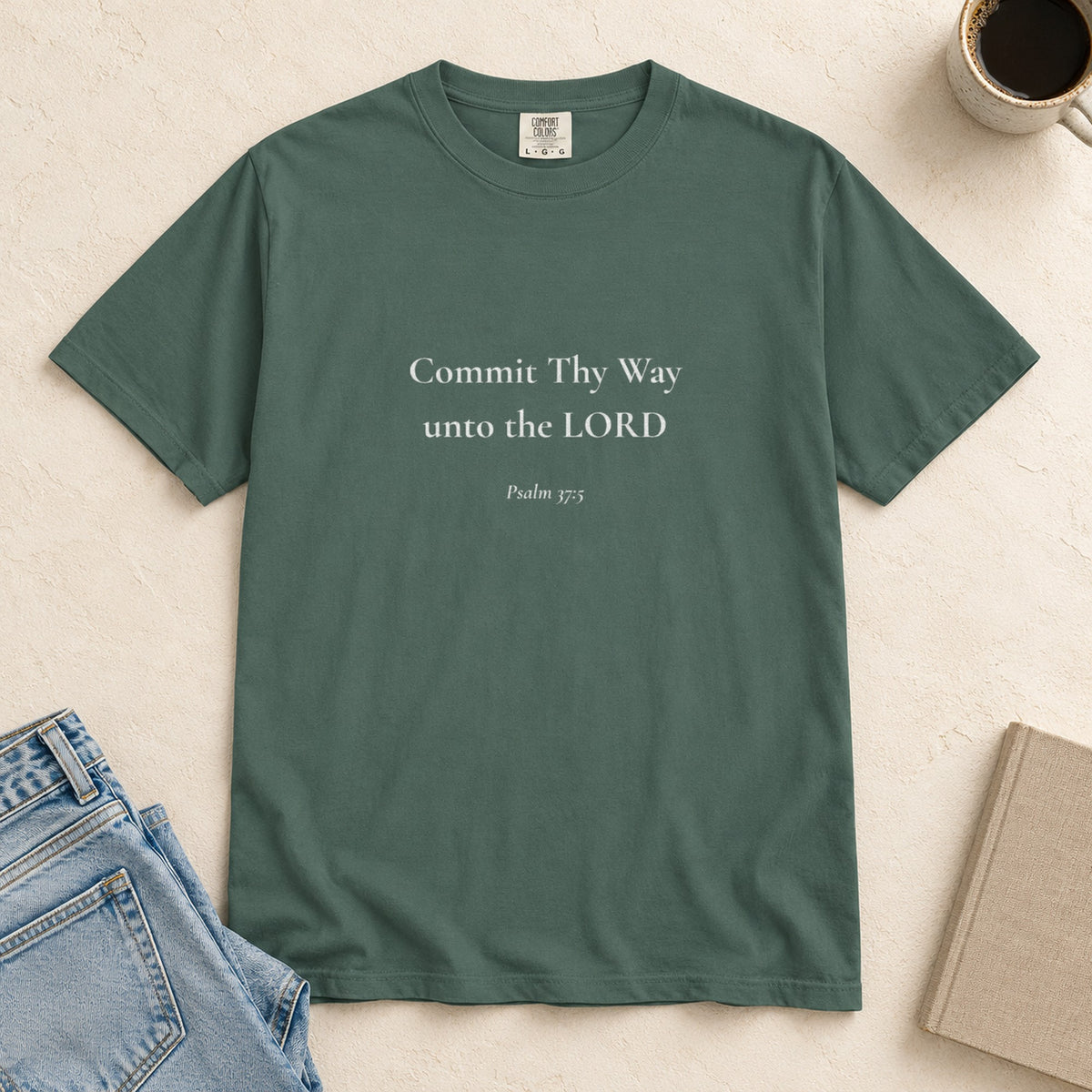 Commit Thy Way unto the LORD Scripture tee in Blue Spruce — flat lay