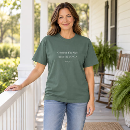 Commit Thy Way unto the LORD Scripture tee in Blue Spruce — worn
