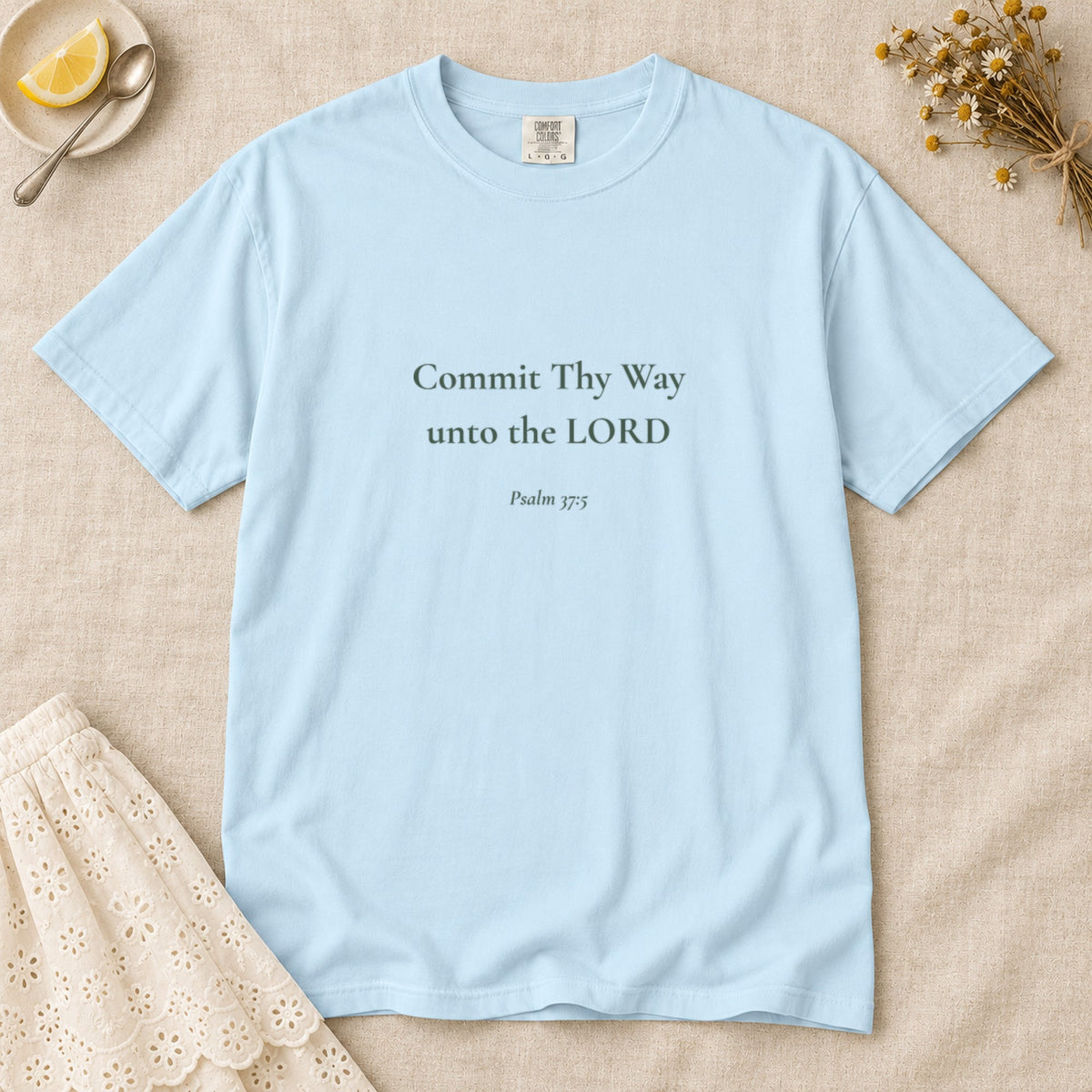Commit Thy Way unto the LORD Scripture tee in Chambray — flat lay