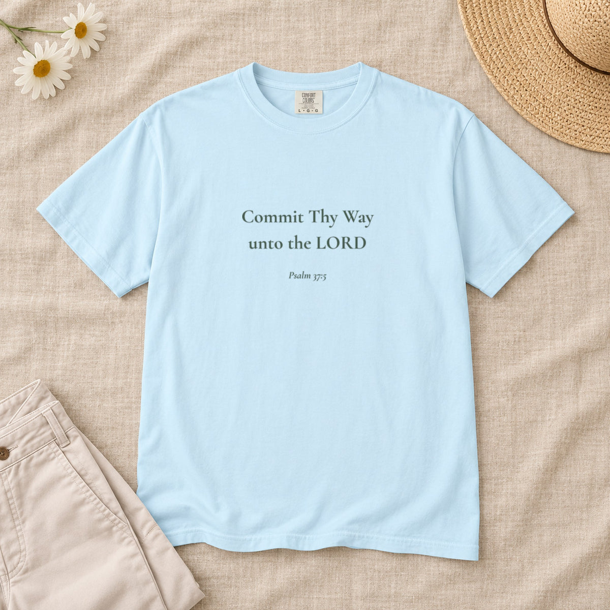 Commit Thy Way unto the LORD Scripture tee in Chambray — styled flat lay