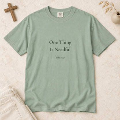 One Thing Is Needful Scripture tee in Bay — styled flat lay