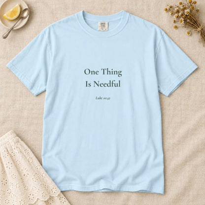 One Thing Is Needful Scripture tee in Chambray — flat lay