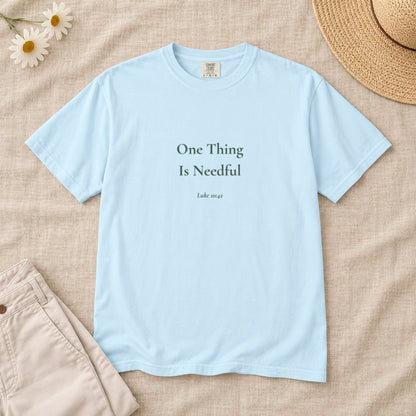 One Thing Is Needful Scripture tee in Chambray — styled flat lay