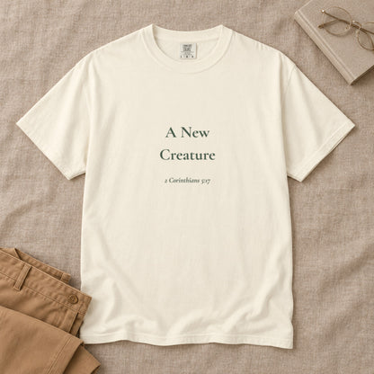 A New Creature Scripture tee in Ivory — styled flat lay